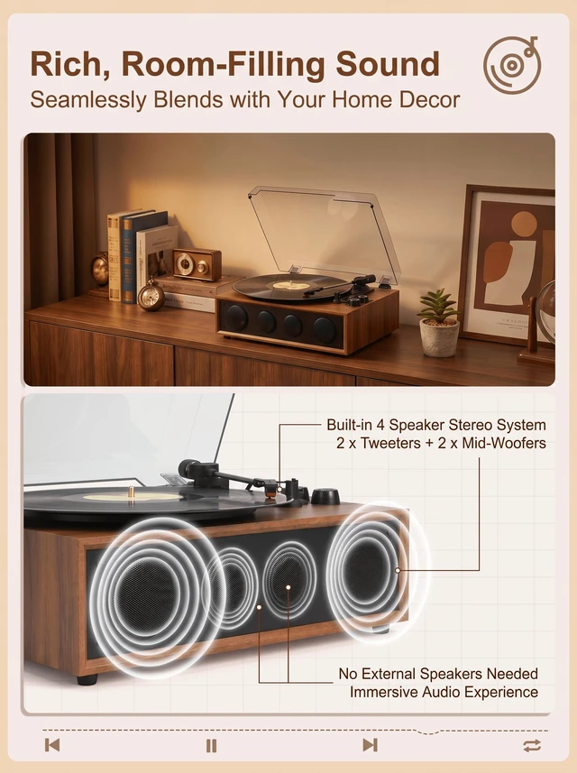 Alt view image 4 of 7 - QUADSONA Record Player with Upgraded 4 Speakers, Bluetooth Turntable, Brown Enhanced Sound, Adjustable Tracking Force, 3-Speed Belt DriveTurntable for Vinyl Records, Auto-Stop, RCA Line-out, AUX Input