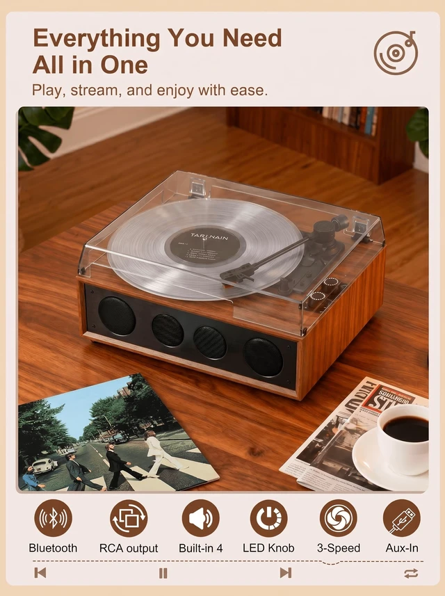 Alt view image 5 of 7 - QUADSONA Record Player with Upgraded 4 Speakers, Bluetooth Turntable, Brown Enhanced Sound, Adjustable Tracking Force, 3-Speed Belt DriveTurntable for Vinyl Records, Auto-Stop, RCA Line-out, AUX Input