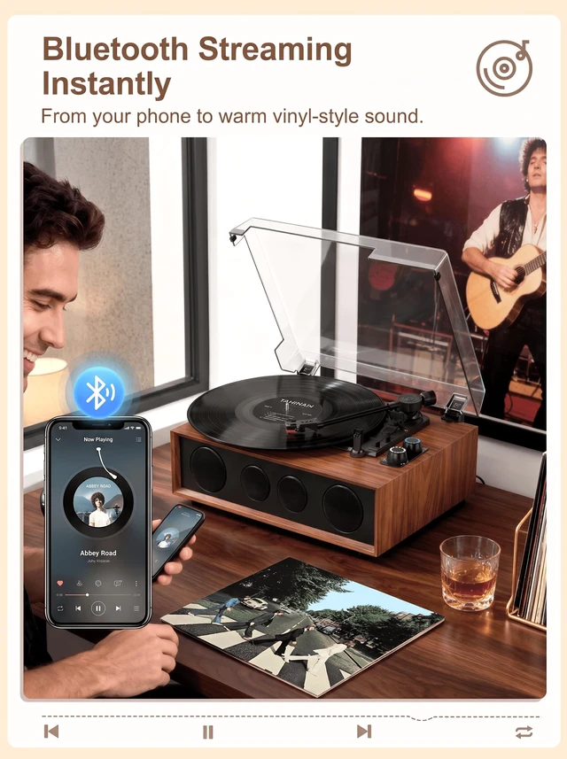 Alt view image 6 of 7 - QUADSONA Record Player with Upgraded 4 Speakers, Bluetooth Turntable, Brown Enhanced Sound, Adjustable Tracking Force, 3-Speed Belt DriveTurntable for Vinyl Records, Auto-Stop, RCA Line-out, AUX Input