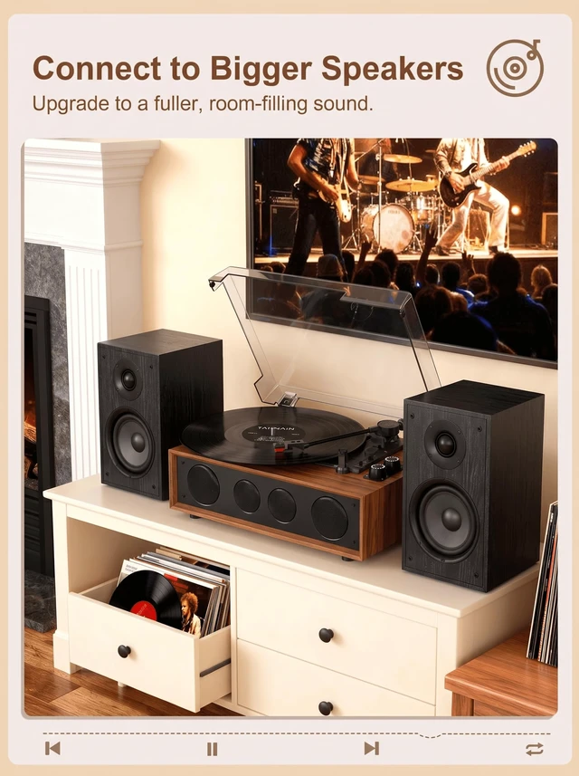 Alt view image 7 of 7 - QUADSONA Record Player with Upgraded 4 Speakers, Bluetooth Turntable, Brown Enhanced Sound, Adjustable Tracking Force, 3-Speed Belt DriveTurntable for Vinyl Records, Auto-Stop, RCA Line-out, AUX Input