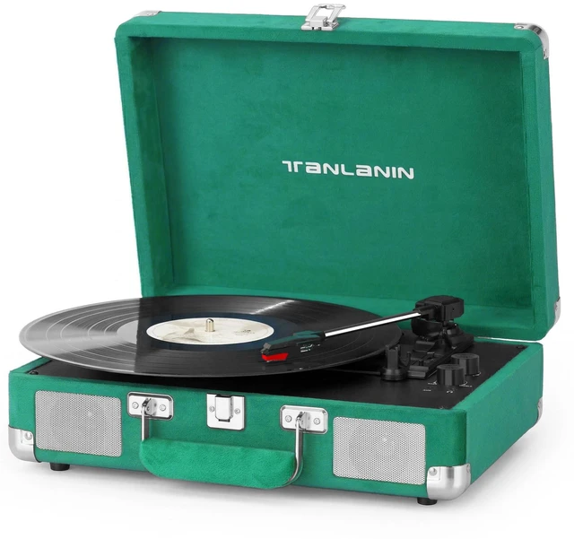 Main image of Velvet Record Player with Built-in Speakers, Bass/Treble Control, Green Vintage portable suitcase turntable Bluetooth input, 3-speed auto stop, RCA/AUX/headphone jack, home décor gift for dorms