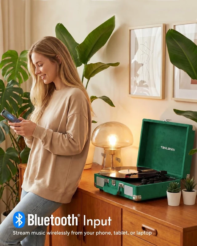 Alt view image 3 of 7 - Velvet Record Player with Built-in Speakers, Bass/Treble Control, Green Vintage portable suitcase turntable Bluetooth input, 3-speed auto stop, RCA/AUX/headphone jack, home décor gift for dorms