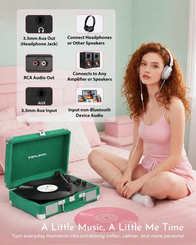 Alt view image 6 of 7 - Velvet Record Player with Built-in Speakers, Bass/Treble Control, Green Vintage portable suitcase turntable Bluetooth input, 3-speed auto stop, RCA/AUX/headphone jack, home décor gift for dorms
