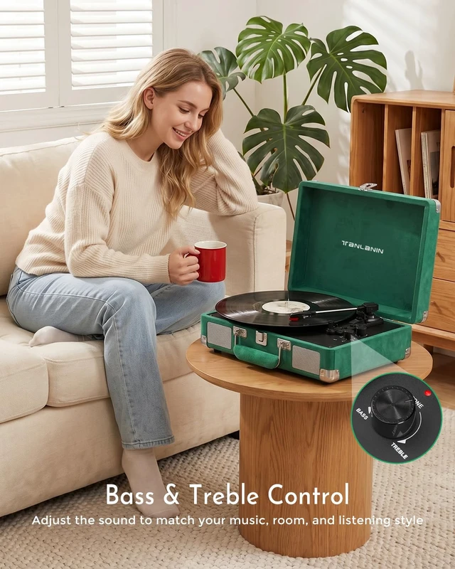 Alt view image 5 of 7 - Velvet Record Player with Built-in Speakers, Bass/Treble Control, Green Vintage portable suitcase turntable Bluetooth input, 3-speed auto stop, RCA/AUX/headphone jack, home décor gift for dorms