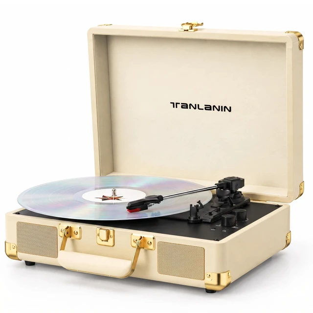Main image of Portable Record Player with Bluetooth Input, 3-Speed Belt-Drive Suitcase Turntable, Built-in Stereo Speakers, Bass/Treble Control, AUX& RCA Output, Headphone Jack, Beige & Gold