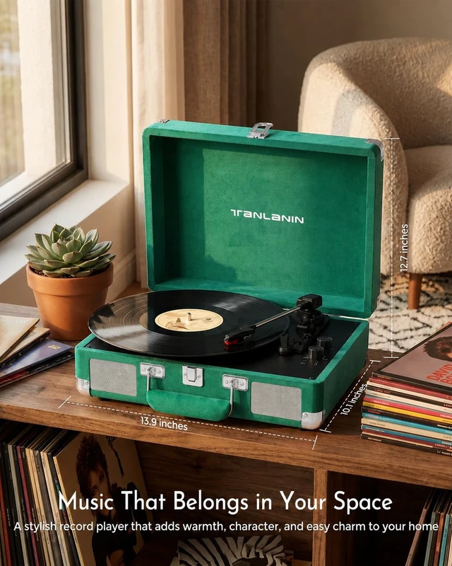 Alt view image 7 of 7 - Velvet Record Player with Built-in Speakers, Bass/Treble Control, Green Vintage portable suitcase turntable Bluetooth input, 3-speed auto stop, RCA/AUX/headphone jack, home décor gift for dorms