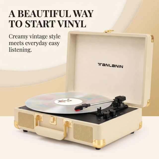 Alt view image 2 of 7 - Portable Record Player with Bluetooth Input, 3-Speed Belt-Drive Suitcase Turntable, Built-in Stereo Speakers, Bass/Treble Control, AUX& RCA Output, Headphone Jack, Beige & Gold