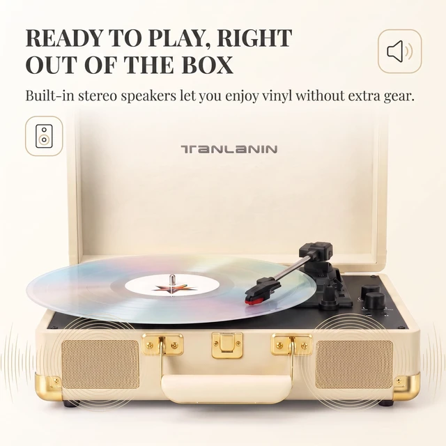 Alt view image 3 of 7 - Portable Record Player with Bluetooth Input, 3-Speed Belt-Drive Suitcase Turntable, Built-in Stereo Speakers, Bass/Treble Control, AUX& RCA Output, Headphone Jack, Beige & Gold