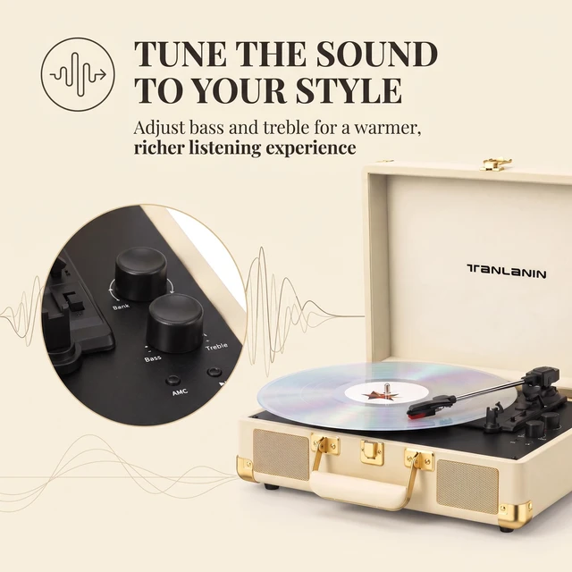 Alt view image 4 of 7 - Portable Record Player with Bluetooth Input, 3-Speed Belt-Drive Suitcase Turntable, Built-in Stereo Speakers, Bass/Treble Control, AUX& RCA Output, Headphone Jack, Beige & Gold