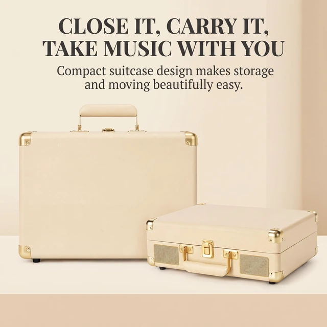 Alt view image 5 of 7 - Portable Record Player with Bluetooth Input, 3-Speed Belt-Drive Suitcase Turntable, Built-in Stereo Speakers, Bass/Treble Control, AUX& RCA Output, Headphone Jack, Beige & Gold