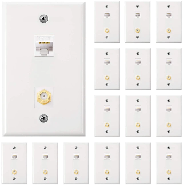 Main image of 16 Pieces Cat6 Ethernet Coax Wall Plate, F-Type Port, White 2 Port Keystone Jack Wall Plate, with Ethernet Port and Gold-plated TV Coax