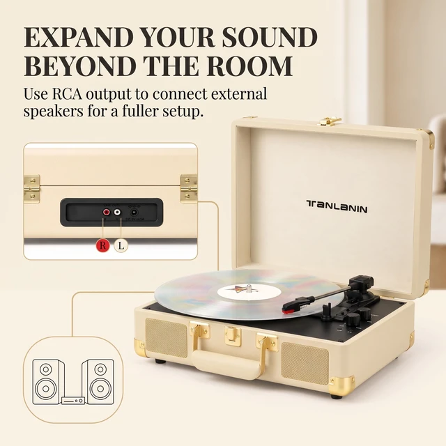 Alt view image 6 of 7 - Portable Record Player with Bluetooth Input, 3-Speed Belt-Drive Suitcase Turntable, Built-in Stereo Speakers, Bass/Treble Control, AUX& RCA Output, Headphone Jack, Beige & Gold