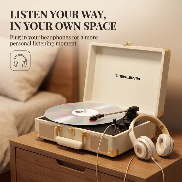 Alt view image 7 of 7 - Portable Record Player with Bluetooth Input, 3-Speed Belt-Drive Suitcase Turntable, Built-in Stereo Speakers, Bass/Treble Control, AUX& RCA Output, Headphone Jack, Beige & Gold