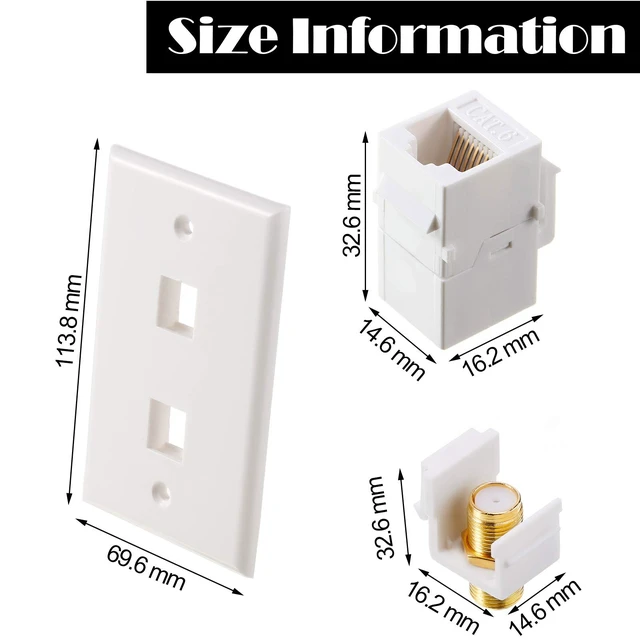 Alt view image 3 of 7 - 16 Pieces Cat6 Ethernet Coax Wall Plate, F-Type Port, White 2 Port Keystone Jack Wall Plate, with Ethernet Port and Gold-plated TV Coax
