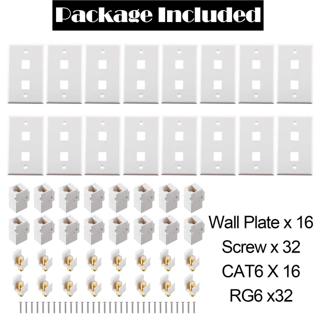 Alt view image 4 of 7 - 16 Pieces Cat6 Ethernet Coax Wall Plate, F-Type Port, White 2 Port Keystone Jack Wall Plate, with Ethernet Port and Gold-plated TV Coax