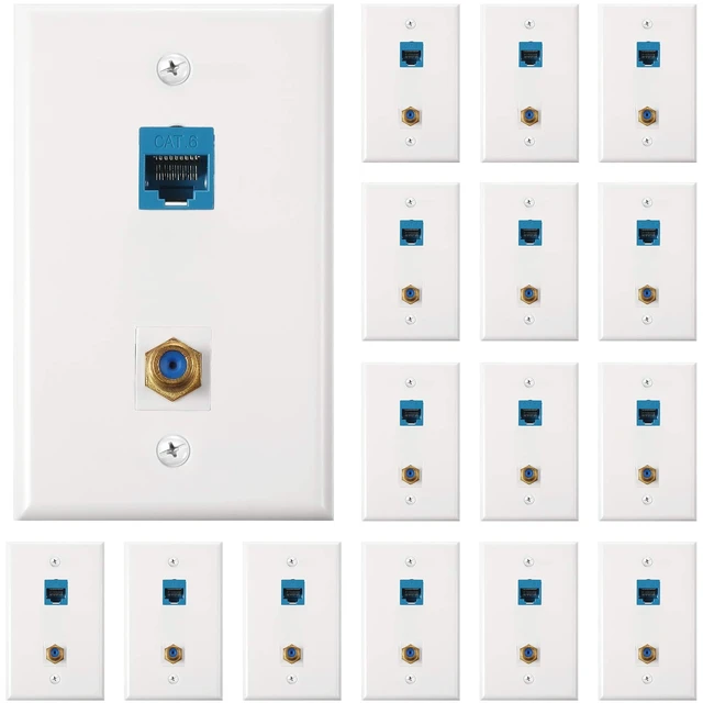 Main image of 16 Pieces Cat6 Ethernet Coax Wall Plate, F-Type Port, Blue 2 Port Keystone Jack Wall Plate, with Ethernet Port and Gold-plated TV Coax