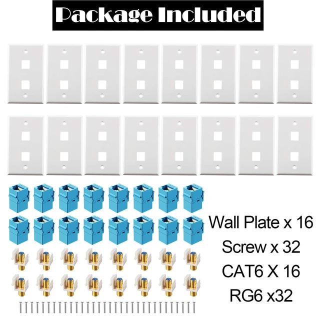 Alt view image 4 of 7 - 16 Pieces Cat6 Ethernet Coax Wall Plate, F-Type Port, Blue 2 Port Keystone Jack Wall Plate, with Ethernet Port and Gold-plated TV Coax