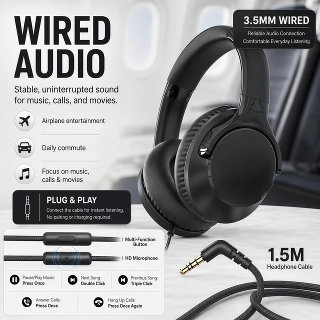 Alt view image 2 of 7 - Wired Over-Ear Headphones with Cord Mic,1.4M Tangle-Free,Stereo Bass Black Adjustable Headband Foldable Portable Lightweight Headset for Office/Tablet/Smartphone/Laptop/Travel/Music,Aux 3.5mm
