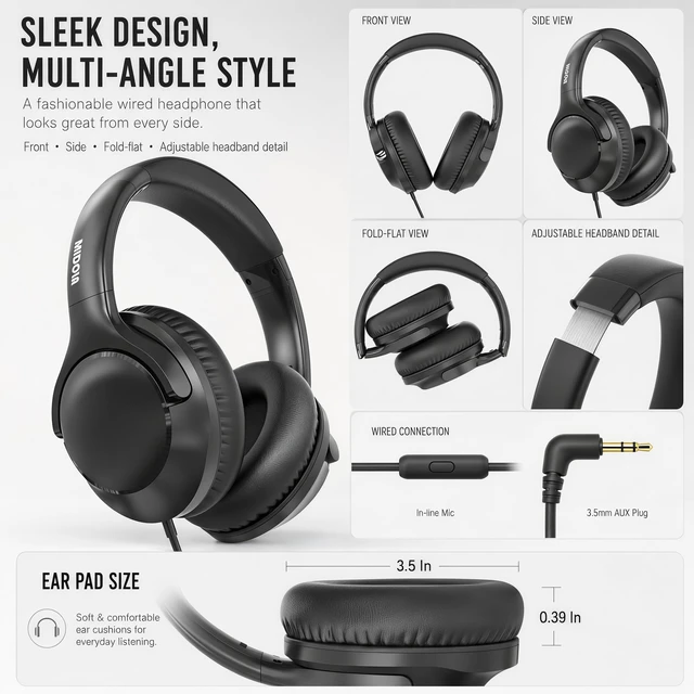 Alt view image 4 of 7 - Wired Over-Ear Headphones with Cord Mic,1.4M Tangle-Free,Stereo Bass Black Adjustable Headband Foldable Portable Lightweight Headset for Office/Tablet/Smartphone/Laptop/Travel/Music,Aux 3.5mm