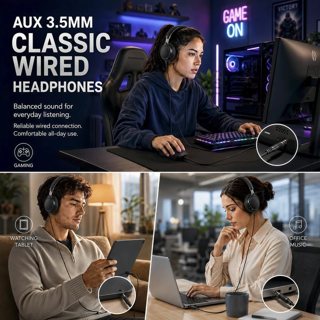 Alt view image 3 of 7 - Wired Over-Ear Headphones with Cord Mic,1.4M Tangle-Free,Stereo Bass Black Adjustable Headband Foldable Portable Lightweight Headset for Office/Tablet/Smartphone/Laptop/Travel/Music,Aux 3.5mm
