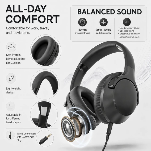 Alt view image 6 of 7 - Wired Over-Ear Headphones with Cord Mic,1.4M Tangle-Free,Stereo Bass Black Adjustable Headband Foldable Portable Lightweight Headset for Office/Tablet/Smartphone/Laptop/Travel/Music,Aux 3.5mm