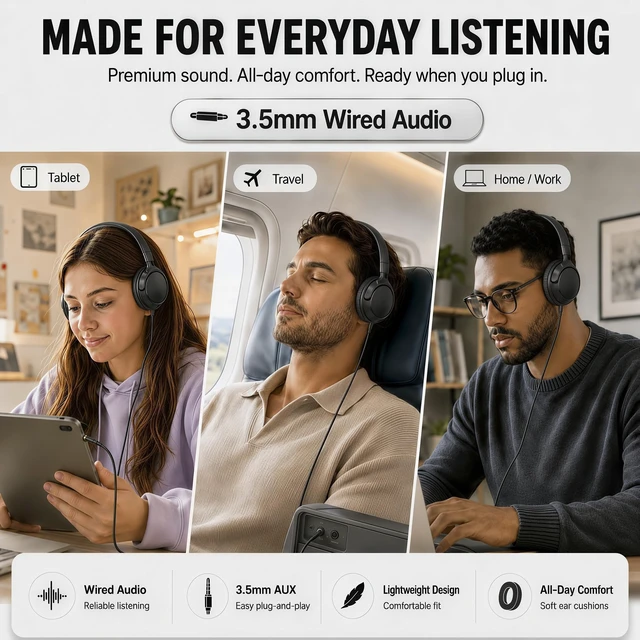 Alt view image 7 of 7 - Wired Over-Ear Headphones with Cord Mic,1.4M Tangle-Free,Stereo Bass Black Adjustable Headband Foldable Portable Lightweight Headset for Office/Tablet/Smartphone/Laptop/Travel/Music,Aux 3.5mm