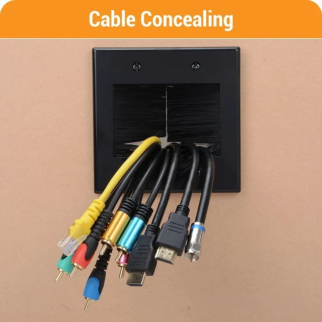 Alt view image 6 of 6 - 2 Gang Brush Wall Plate (Black, 2 Pack), Double Gang Cable Wall Plate for Power Cords, Low Voltage Cables and Wires in-Wall Hiding