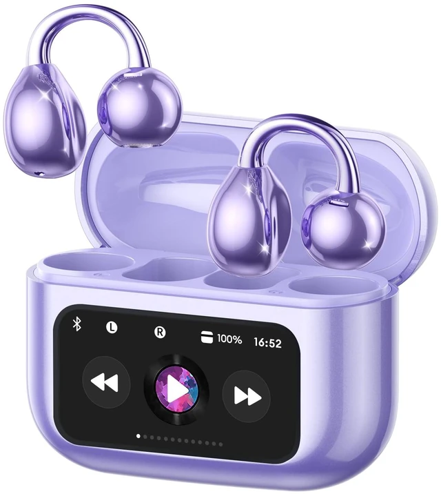 Main image of Clip On Earbuds, Open Ear Earbuds Wireless Bluetooth 5.4, Clip On Headphones with LCD Touchscreen, Lightweight Comfort Open Ear Headphones for Sports, Fitness, and Workouts, M100 Purple