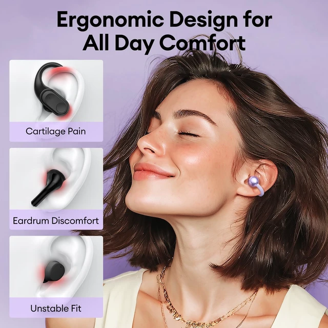 Alt view image 2 of 7 - Clip On Earbuds, Open Ear Earbuds Wireless Bluetooth 5.4, Clip On Headphones with LCD Touchscreen, Lightweight Comfort Open Ear Headphones for Sports, Fitness, and Workouts, M100 Purple