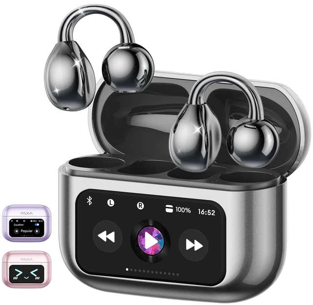 Main image of M100 Clip On Ear Headphones, Open Ear Earbuds Wireless Bluetooth 5.4, Clip On Earbuds with LCD Touchscreen, Lightweight Comfort Open Ear Headphones for Sports, Fitness, and Workouts, Black