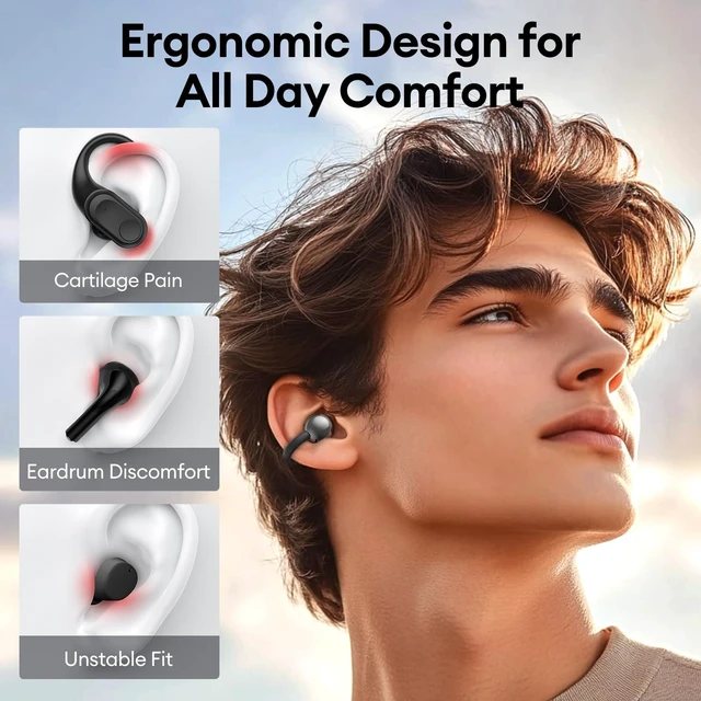 Alt view image 2 of 7 - M100 Clip On Ear Headphones, Open Ear Earbuds Wireless Bluetooth 5.4, Clip On Earbuds with LCD Touchscreen, Lightweight Comfort Open Ear Headphones for Sports, Fitness, and Workouts, Black