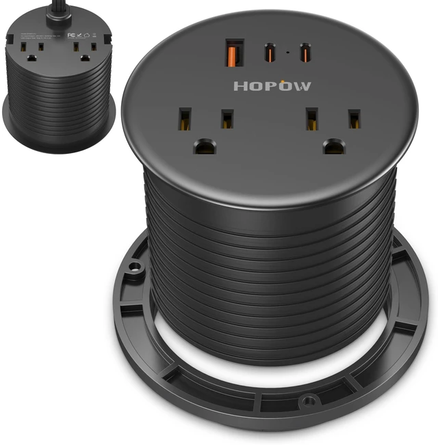 Main image of Desk Grommet, Dual-Sided Recessed Power Strip, 4 Outlets 3 USB (2 USB-C) Flush mount desktop charging station, essential workspace desk outlet. 6.5FT flat plug extension cord, home office, black