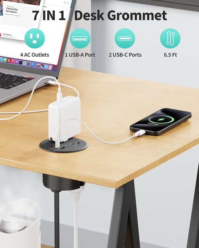 Alt view image 3 of 7 - Desk Grommet, Dual-Sided Recessed Power Strip, 4 Outlets 3 USB (2 USB-C) Flush mount desktop charging station, essential workspace desk outlet. 6.5FT flat plug extension cord, home office, black