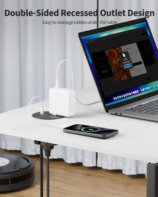 Alt view image 4 of 7 - Desk Grommet, Dual-Sided Recessed Power Strip, 4 Outlets 3 USB (2 USB-C) Flush mount desktop charging station, essential workspace desk outlet. 6.5FT flat plug extension cord, home office, black