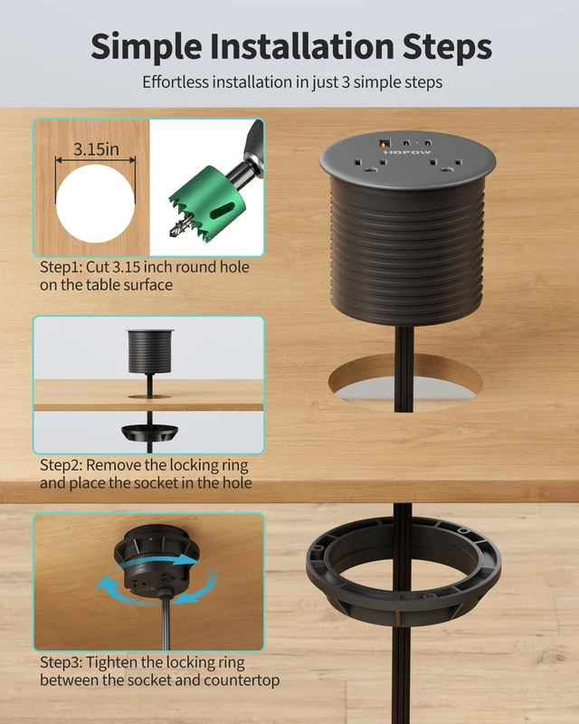Alt view image 5 of 7 - Desk Grommet, Dual-Sided Recessed Power Strip, 4 Outlets 3 USB (2 USB-C) Flush mount desktop charging station, essential workspace desk outlet. 6.5FT flat plug extension cord, home office, black