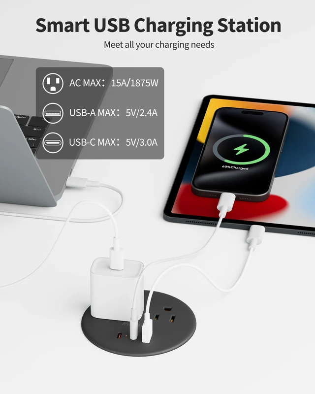 Alt view image 6 of 7 - Desk Grommet, Dual-Sided Recessed Power Strip, 4 Outlets 3 USB (2 USB-C) Flush mount desktop charging station, essential workspace desk outlet. 6.5FT flat plug extension cord, home office, black