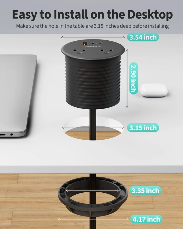Alt view image 2 of 7 - Desk Grommet, Dual-Sided Recessed Power Strip, 4 Outlets 3 USB (2 USB-C) Flush mount desktop charging station, essential workspace desk outlet. 6.5FT flat plug extension cord, home office, black