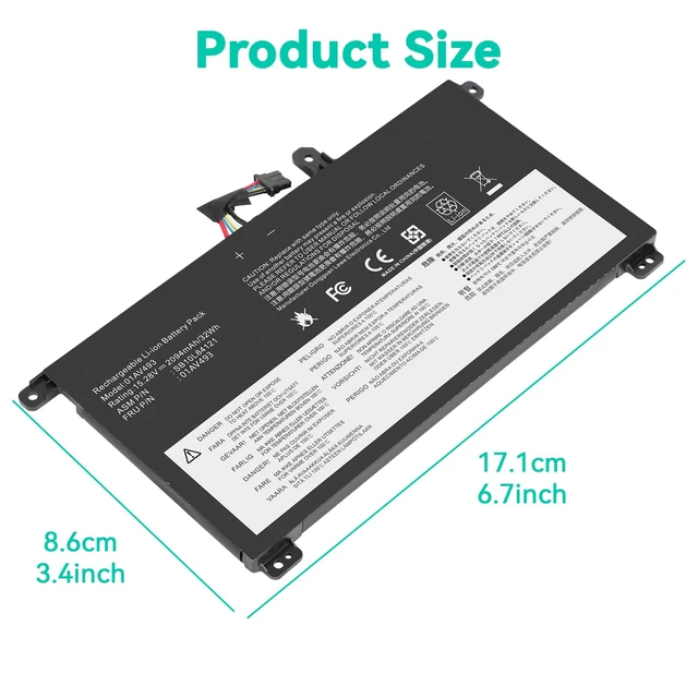 Alt view image 3 of 7 - 01AV493 Laptop Battery Replacement for ThinkPad T570 T580 P51S P52S Series 00UR890 00UR892 SB10L84121 SB10L84122 SB10L84123 T570 00UR891 00UR892
