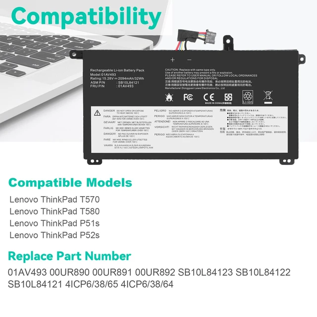Alt view image 2 of 7 - 01AV493 Laptop Battery Replacement for ThinkPad T570 T580 P51S P52S Series 00UR890 00UR892 SB10L84121 SB10L84122 SB10L84123 T570 00UR891 00UR892