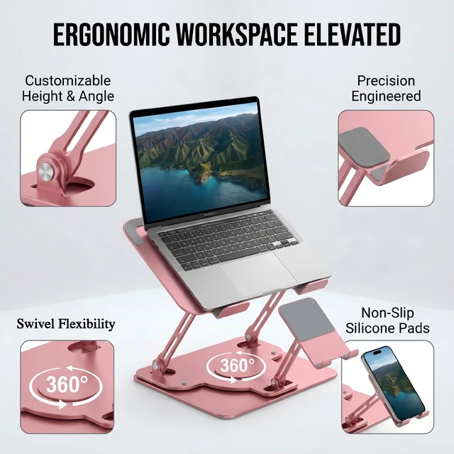 Alt view image 2 of 6 - Laptop Stand for Desk,Adjustable Computer Stand with 360° Rotating Base,2-in-1 Laptop Stands with Phone Holder,Ergonomic Laptop Riser for Collaborative Work,fits for All 10-16" Laptops (Pink)