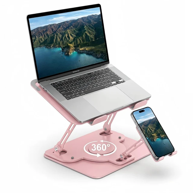 Main image of Laptop Stand for Desk,Adjustable Computer Stand with 360° Rotating Base,2-in-1 Laptop Stands with Phone Holder,Ergonomic Laptop Riser for Collaborative Work,fits for All 10-16" Laptops (Pink)