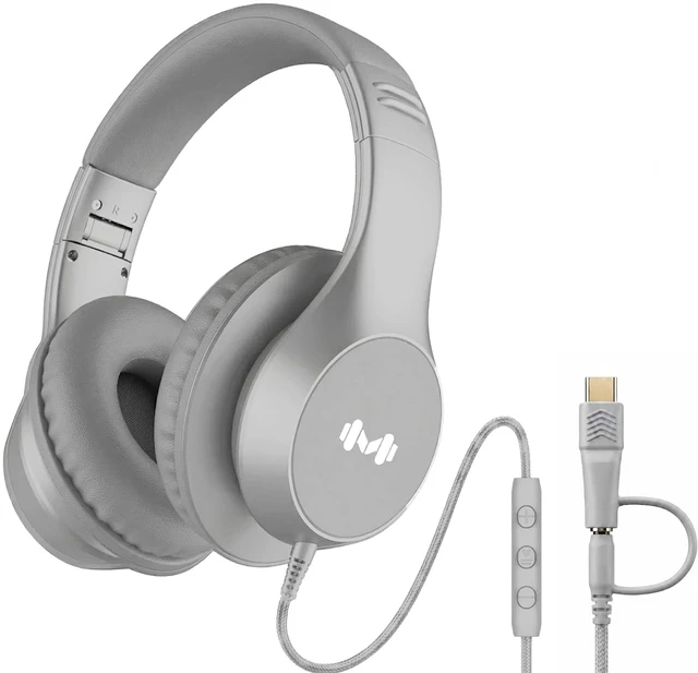 Main image of Wired Over-Ear Headphones, Mic, 3.5mm Jack, USB-C Adapter, Silver Foldable over-ear headphones with soft cushions, inline mic, 3.5mm jack, and USB-C adapter for school, office, and travel