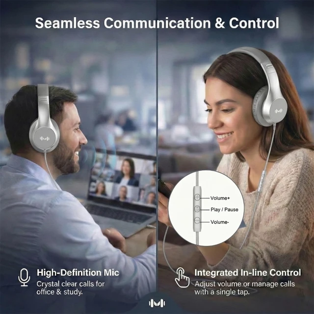 Alt view image 2 of 7 - Wired Over-Ear Headphones, Mic, 3.5mm Jack, USB-C Adapter, Silver Foldable over-ear headphones with soft cushions, inline mic, 3.5mm jack, and USB-C adapter for school, office, and travel