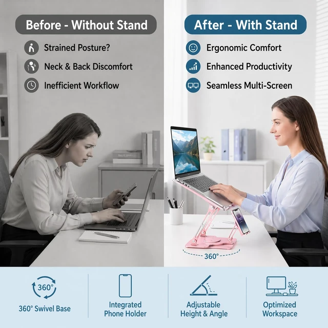 Alt view image 5 of 6 - Laptop Stand for Desk,Adjustable Computer Stand with 360° Rotating Base,2-in-1 Laptop Stands with Phone Holder,Ergonomic Laptop Riser for Collaborative Work,fits for All 10-16" Laptops (Pink)