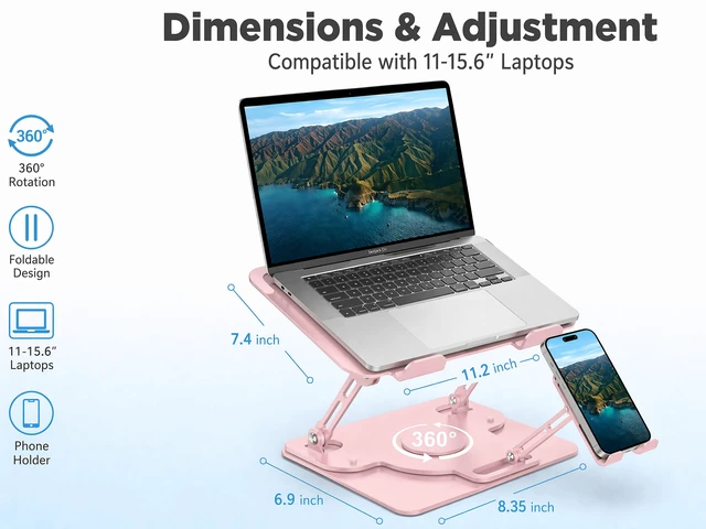 Alt view image 3 of 6 - Laptop Stand for Desk,Adjustable Computer Stand with 360° Rotating Base,2-in-1 Laptop Stands with Phone Holder,Ergonomic Laptop Riser for Collaborative Work,fits for All 10-16" Laptops (Pink)