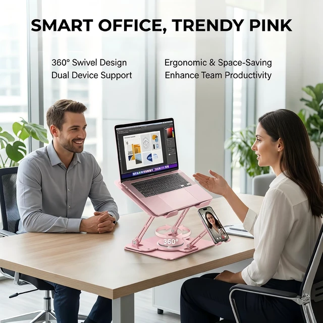 Alt view image 4 of 6 - Laptop Stand for Desk,Adjustable Computer Stand with 360° Rotating Base,2-in-1 Laptop Stands with Phone Holder,Ergonomic Laptop Riser for Collaborative Work,fits for All 10-16" Laptops (Pink)