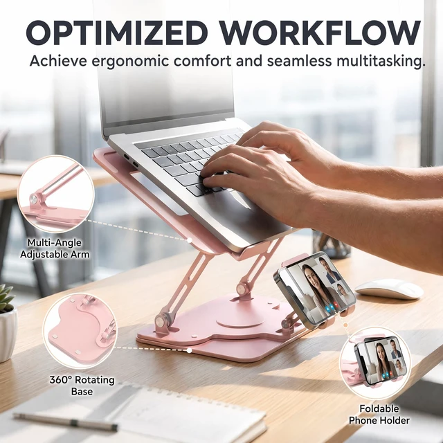 Alt view image 6 of 6 - Laptop Stand for Desk,Adjustable Computer Stand with 360° Rotating Base,2-in-1 Laptop Stands with Phone Holder,Ergonomic Laptop Riser for Collaborative Work,fits for All 10-16" Laptops (Pink)
