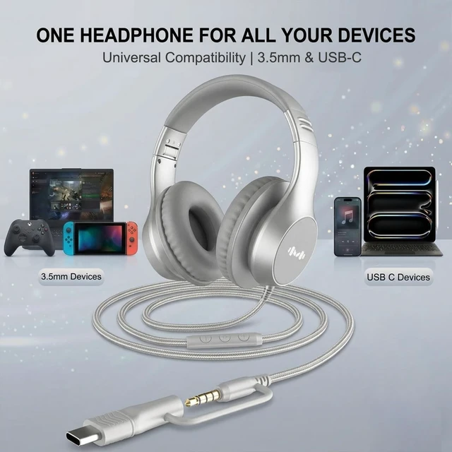 Alt view image 5 of 7 - Wired Over-Ear Headphones, Mic, 3.5mm Jack, USB-C Adapter, Silver Foldable over-ear headphones with soft cushions, inline mic, 3.5mm jack, and USB-C adapter for school, office, and travel
