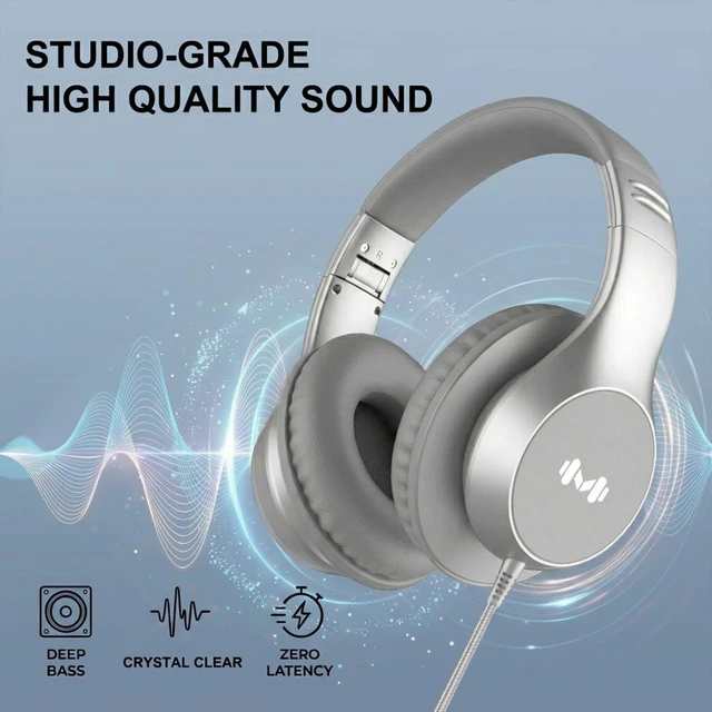 Alt view image 6 of 7 - Wired Over-Ear Headphones, Mic, 3.5mm Jack, USB-C Adapter, Silver Foldable over-ear headphones with soft cushions, inline mic, 3.5mm jack, and USB-C adapter for school, office, and travel