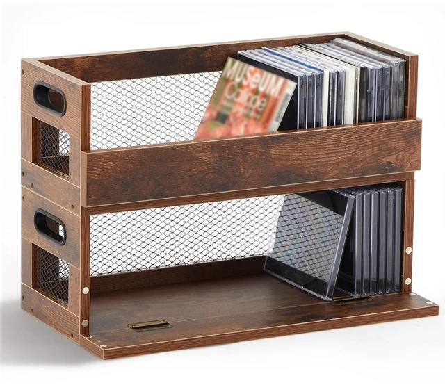 Main image of 2 Set Retro CD Storage Box, Holds 72 CDs(36 Each),Vintage Brown Metal & Wood CD Shelf Holder with Magnetic Front Flap and Handles, Cassette Tape,DVD,Movie Cases Rack Organizer